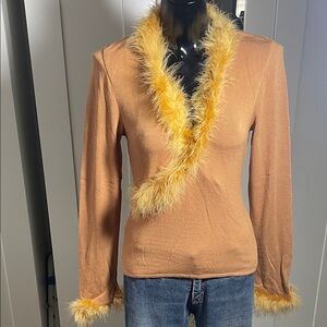 Women's Tan Sweater with Yellow Faux Fur Trim